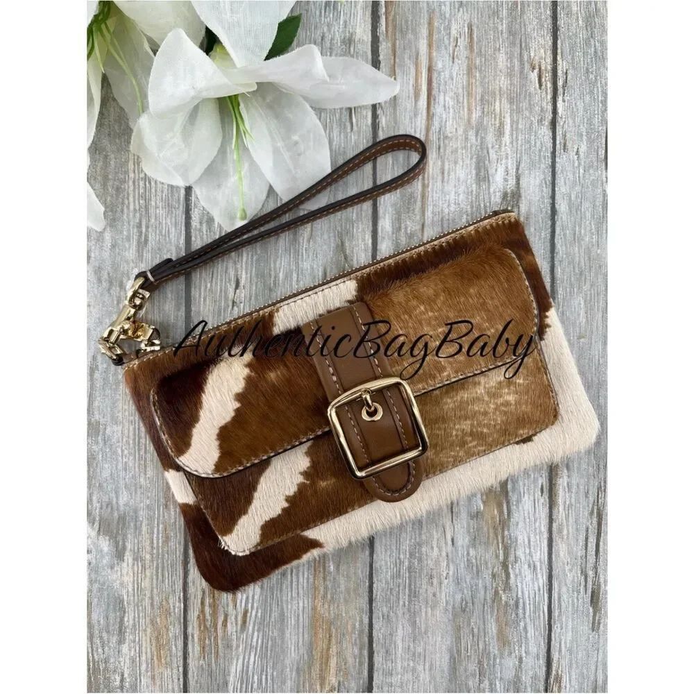 Coach Ashton Wristlet In Haircalf With Cow Print Purse Bag